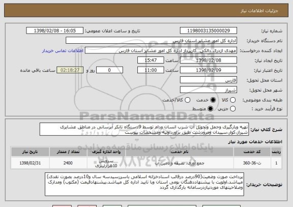 استعلام تهیه وبارگیری وحمل وتحویل آب شرب انسان ودام توسط 9دستگاه تانکر آبرسانی در مناطق عشایری شیراز،کوار،سپیدان ومرودشت طبق براورداولیه ومشخصات پیوست