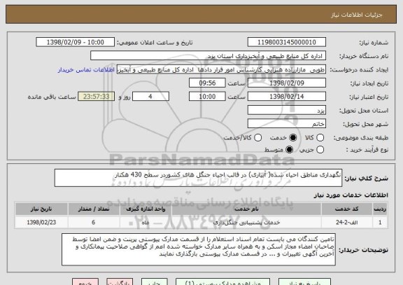 استعلام نگهداری مناطق احیاء شده( آبیاری) در قالب احیاء جنگل های کشوردر سطح 430 هکتار 