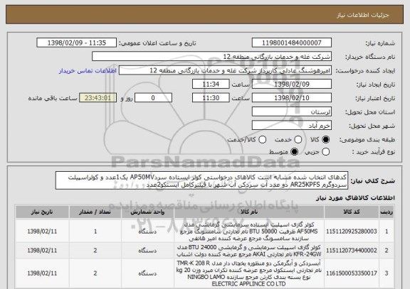 استعلام کدهای انتخاب شده مشابه است کالاهای درخواستی کولر ایستاده سردAP50MV یک1عدد و کولراسپیلت سردوگرم AR25KPFS دو عدد آب سردکن آب شهر با فیلترکامل ایستکو2عدد