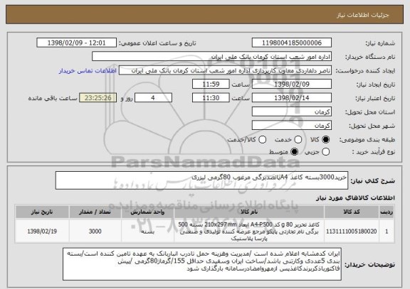 استعلام خرید3000بسته کاغذ A4پانصدبرگی مرغوب 80گرمی لیزری 