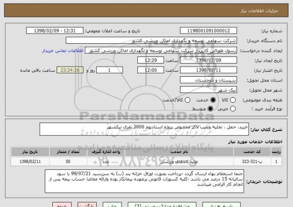 استعلام خرید، حمل ، تخلیه ونصب لاکر مخصوص پروژه استادیوم 2000 نفری نیکشهر 