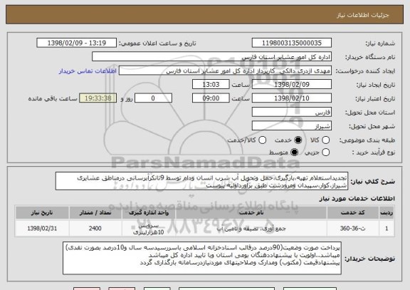 استعلام تجدیداستعلام تهیه،بارگیری،حمل وتحویل آب شرب انسان ودام توسط 9تانکرآبرسانی درمناطق عشایری شیراز،کوار،سپیدان ومرودشت طبق برآورداولیه پیوست