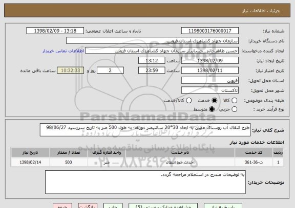 استعلام طرح انتقال آب روستای مهین به ابعاد 30*20 سانتیمتر ذوزنقه به طول 500 متر به تاریخ سررسید 98/06/27