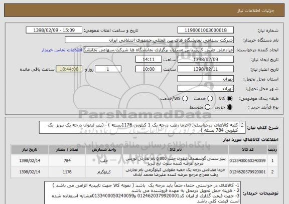 استعلام کلیه کالاهای درخواستی (خرما رطب درجه یک 1 کیلویی 1176بسته ) - (پنیر لیقوان درجه یک تبریز  یک کیلویی 784 بسته ) 
 