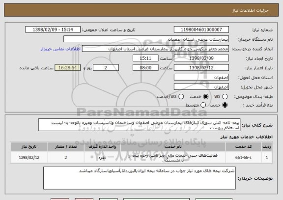 استعلام بیمه نامه اتش سوزی انبارهای بیمارستان غرضی اصفهان وساختمان وتاسیسات وغیره باتوجه به لیست استعلام پیوست