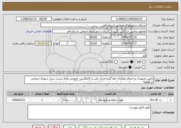 استعلام تامین تجهیزات و اجرای عملیات خط گرم,احداث نقب و کابلکشی خروجی های پست سیار شهرک صنعتی شکوهیه