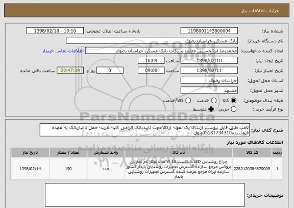استعلام لامپ طبق فایل پیوست ارسال یک نمونه ازکالاجهت تاییدبانک الزامی کلیه هزینه حمل تاانباربانک به عهده فروشنده05131734310وثوق