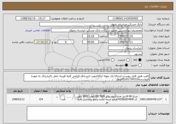 استعلام لامپ طبق فایل پیوست ارسال یک نمونه ازکالاجهت تاییدبانک الزامی کلیه هزینه حمل تاانباربانک به عهده فروشنده05131734310وثوق 