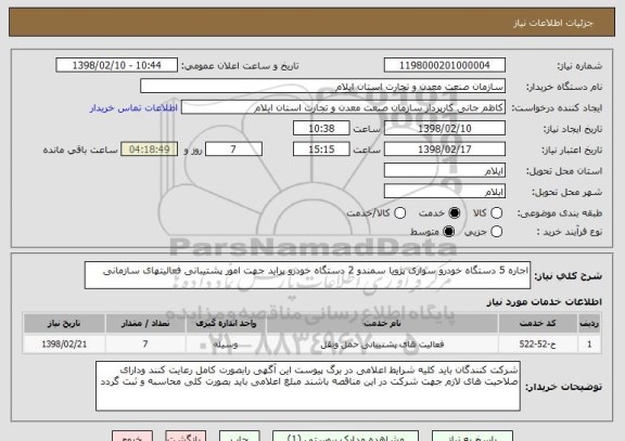 استعلام اجاره 5 دستگاه خودرو سواری پژویا سمندو 2 دستگاه خودرو پراید جهت امور پشتیبانی فعالیتهای سازمانی 