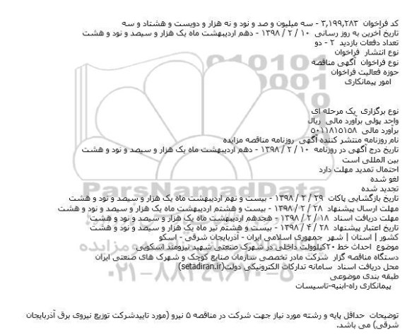 مناقصه, مناقصه احداث خط 20 کیلوولت داخلی در شهرک صنعتی