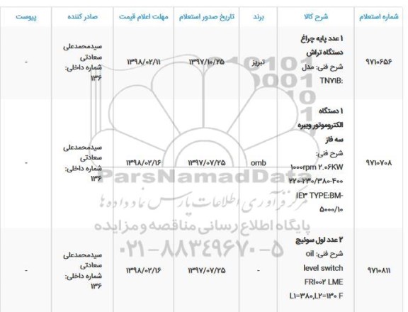 استعلام, استعلام 1 عدد پایه چراغ دستگاه تراش