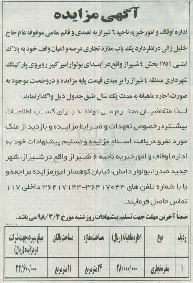 مزایده, مزایده اجاره یک باب مغازه تجاری