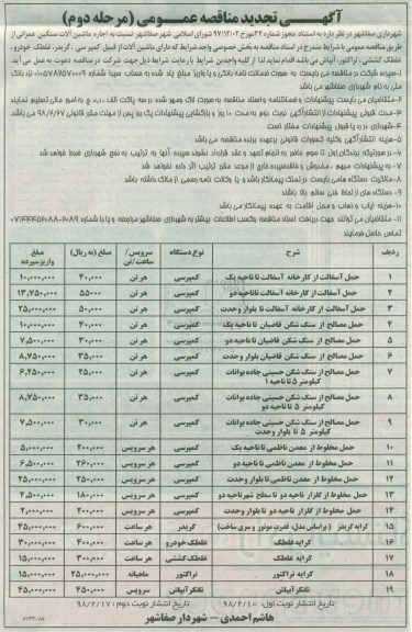 تجدید مناقصه عمومی , تجدید مناقصه عمومی اجاره ماشین آلات سنگین عمرانی  - مرحله دوم