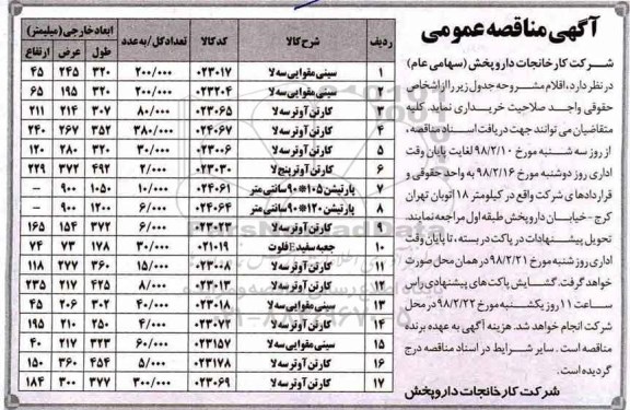 آگهی مناقصه عمومی, مناقصه سینی مقوایی سه لا... 