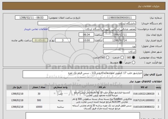 استعلام خیارشور حلب 17 کیلویی متوسط/ماکارونی1/2 ، سس قرمز تک نفره