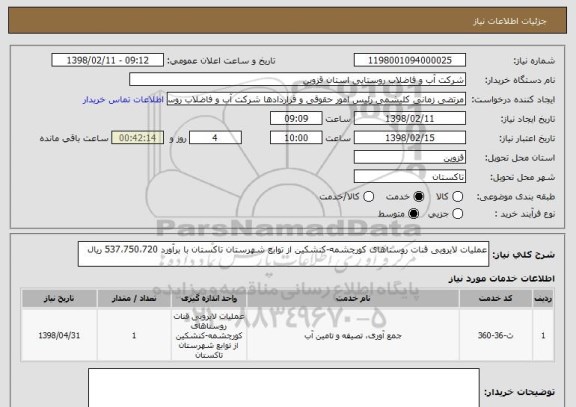 استعلام عملیات لایروبی قنات روستاهای کورچشمه-کنشکین از توابع شهرستان تاکستان با برآورد 537،750،720 ریال