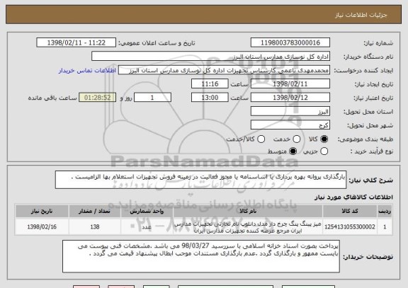 استعلام بارگذاری پروانه بهره برداری یا اساسنامه یا مجوز فعالیت در زمینه فروش تجهیزات استعلام بها الزامیست .