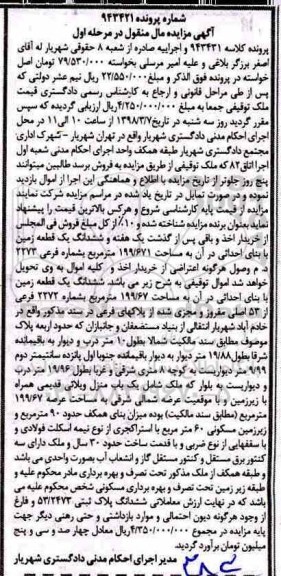مزایده،مزایده ششدانگ یک قطعه زمین 199.671 مترمربع مرحله اول