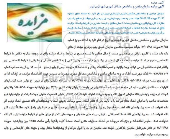 مزایده, مزایده بهره برداری موقت از منافع یک باب مغازه