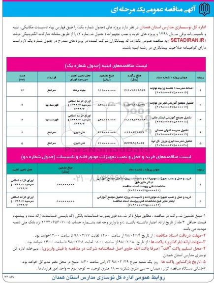آگهی مناقصه عمومی, مناقصه احداث مدرسه 9 کلاسه ...