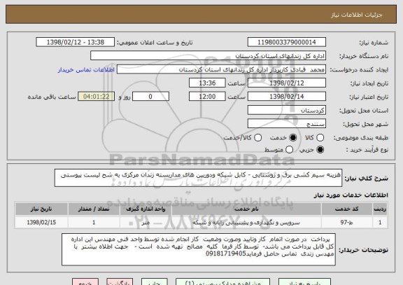 استعلام هزینه سیم کشی برق و روشنایی - کابل شبکه ودوربین های مداربسته زندان مرکزی به شح لیست پیوستی