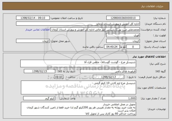 استعلام شنیسل مرغ - گوشت گوساله - ماهی قزل آلا 