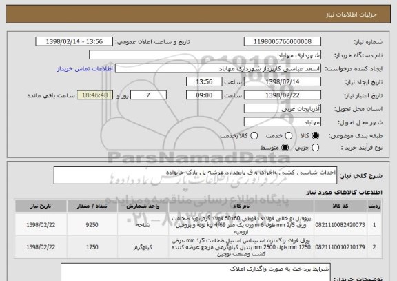 استعلام احداث شاسی کشی واجرای ورق پانچداردرعرشه پل پارک خانواده 