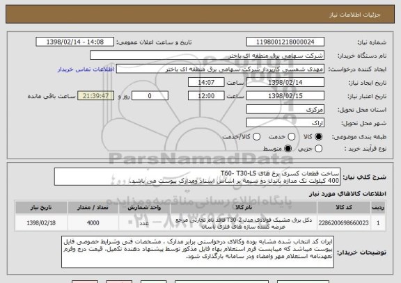 استعلام ساخت قطعات کسری برج های T60- T30-LS
400 کیلولت تک مداره باندل دو سیمه بر اساس اسناد ومدارک پیوست می باشد. 