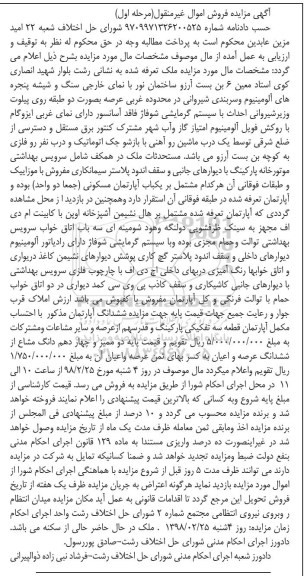 مزایده ،مزایده ششدانگ آپارتمان مرحله اول