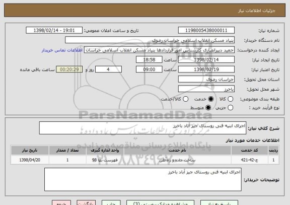 استعلام اجرای ابنیه فنی روستای جیز آباد باخرز