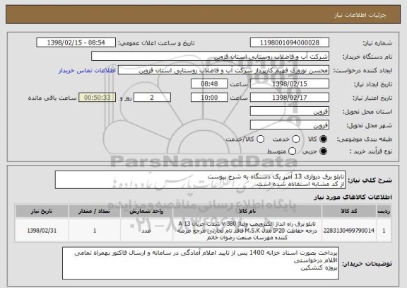 استعلام تابلو برق دیواری 13 آمپر یک دستگاه به شرح پیوست
از کد مشابه استفاده شده است.