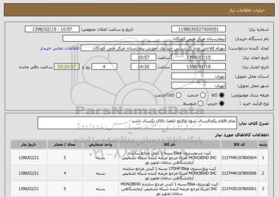 استعلام تمام اقلام یکجاارسال شود وتاریخ انقضا بالای یکسال باشد