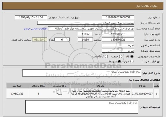 استعلام تمام اقلام یکجاارسال شود