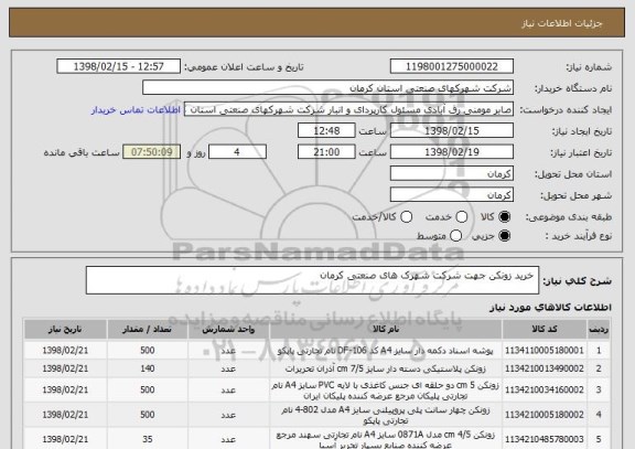 استعلام  خرید زونکن جهت شرکت شهرک های صنعتی کرمان