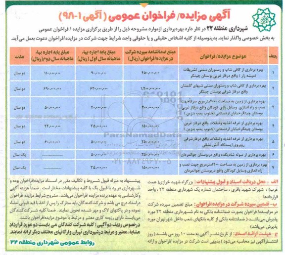 آگهی مزایده فراخوان, فراخوان مزایده بهره برداری از کافی شاپ و رستوران سنتی... 