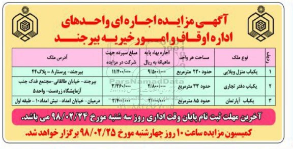 مزایده , مزایده اجاره ای واحدهای اداره