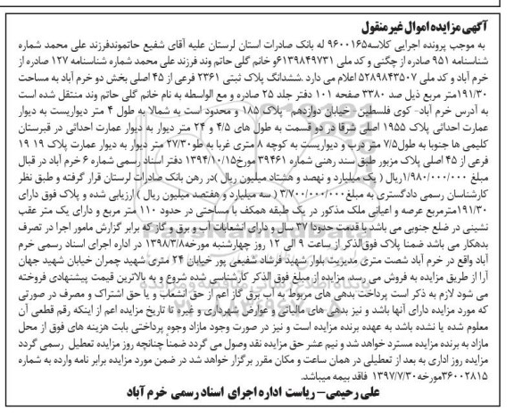 مزایده،مزایده ششدانگ پلاک ثبتی 2361 فرعی از 45 اصلی