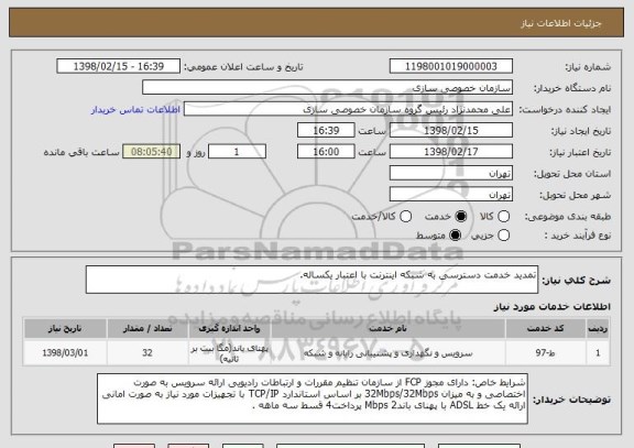 استعلام تمدید خدمت دسترسی به شبکه اینترنت با اعتبار یکساله. 