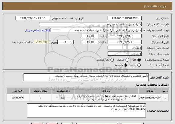 استعلام تأمین کانکس و تابلوهای پست 63/20 کیلوولت مدولار شهرک بزرگ صنعتی اصفهان