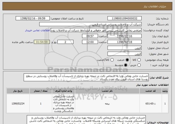 استعلام خسارت جانی ومالی وارد به اشخاص ثالث در نتیجه بهره برداری از تاسیسات آب وفاضلاب روستایی در سطح روستا های استان قزوین برای مدت یکسال 