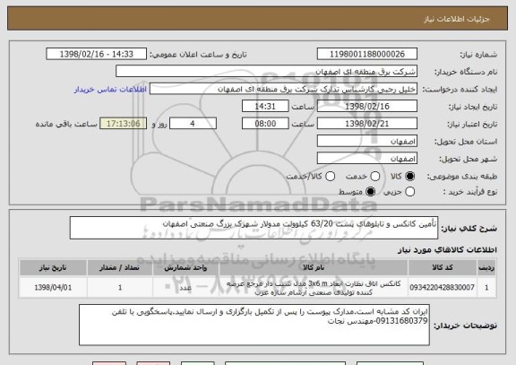 استعلام تأمین کانکس و تابلوهای پست 63/20 کیلوولت مدولار شهرک بزرگ صنعتی اصفهان