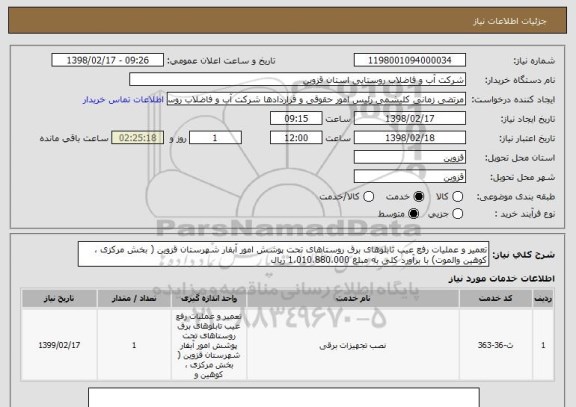 استعلام تعمیر و عملیات رفع عیب تابلوهای برق روستاهای تحت پوشش امور آبفار شهرستان قزوین ( بخش مرکزی ، کوهین والموت) با برآورد کلی به مبلغ 1،010،880،000 ریال 