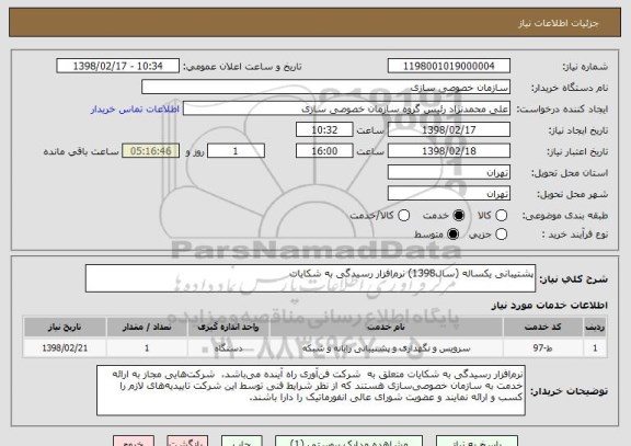 استعلام پشتیبانی یکساله (سال1398) نرم افزار رسیدگی به شکایات 