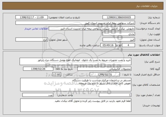 استعلام خرید و نصب تجهیزات مربوط به نصب یک تابلوی  اتوماتیک قطع ووصل دستگاه دیزل ژنراتور 