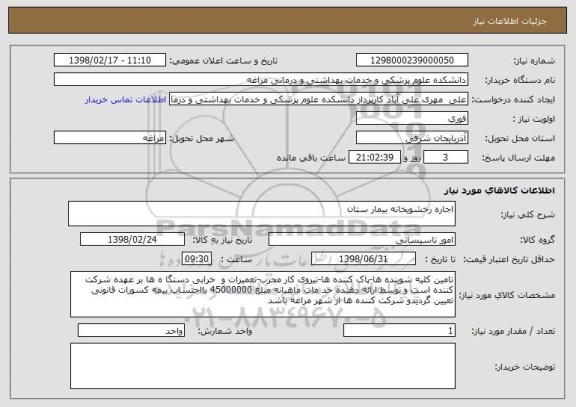 استعلام اجاره رخشویخانه بیمار ستان