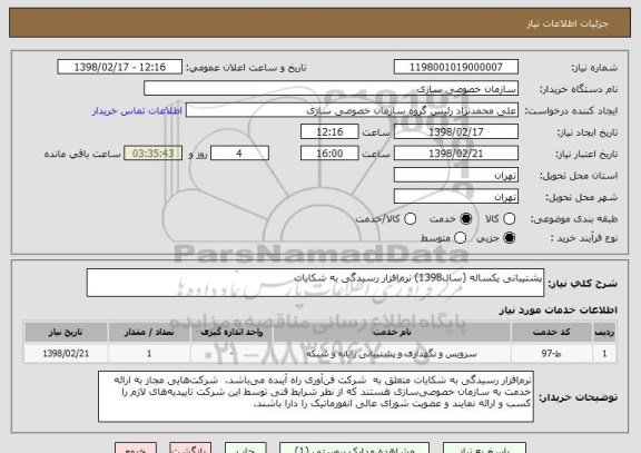 استعلام پشتیبانی یکساله (سال1398) نرم افزار رسیدگی به شکایات 
