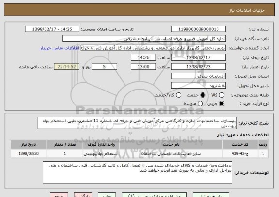 استعلام بهسازی ساختمانهای اداری و کارگاهی مرکز آموزش فنی و حرفه ای شماره 11 هشترود طبق استعلام بهاء پیوستی  