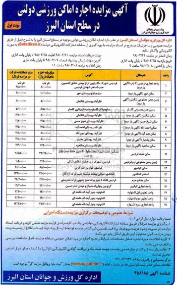 مزایده ,مزایده اجاره اماکن ورزشی 