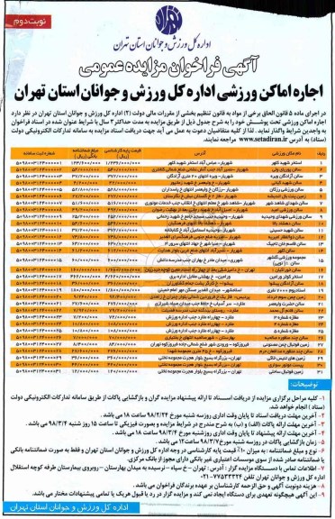 مزایده , مزایده اجاره اماکن ورزشی - نوبت دوم
