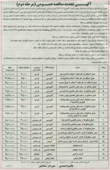 تجدید مناقصه عمومی , تجدید مناقصه عمومی اجاره ماشین آلات سنگین عمرانی  - مرحله دوم نوبت دوم 